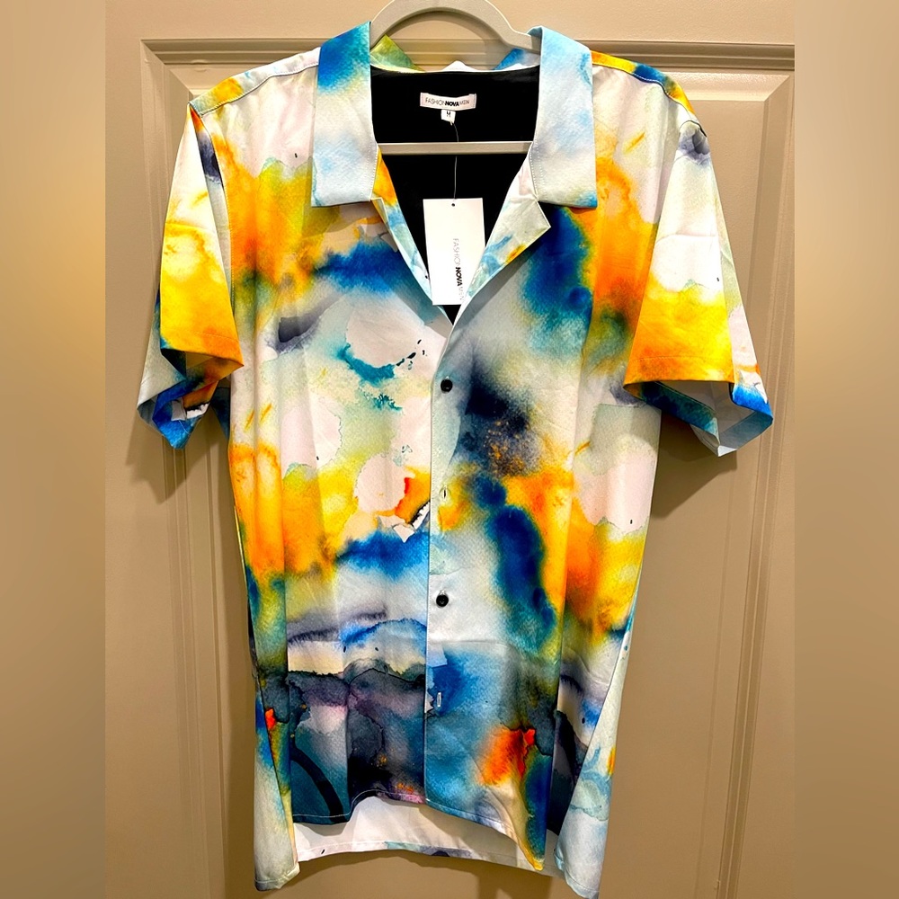 Men’s Fashion Nova Short Sleeve blue/orange/white multicolored button down shirt